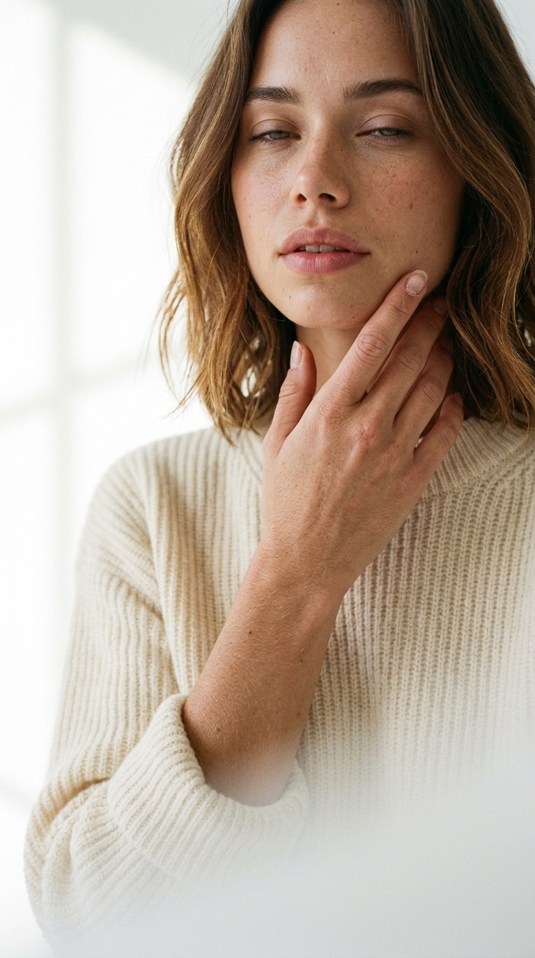 Giovanna con la mano cerca del cuello, gesto contemplativo